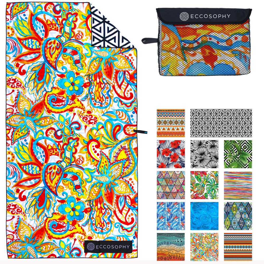 ECCOSOPHY microfiber sand-free beach towel showing sand sliding off for clean outings at the beach.