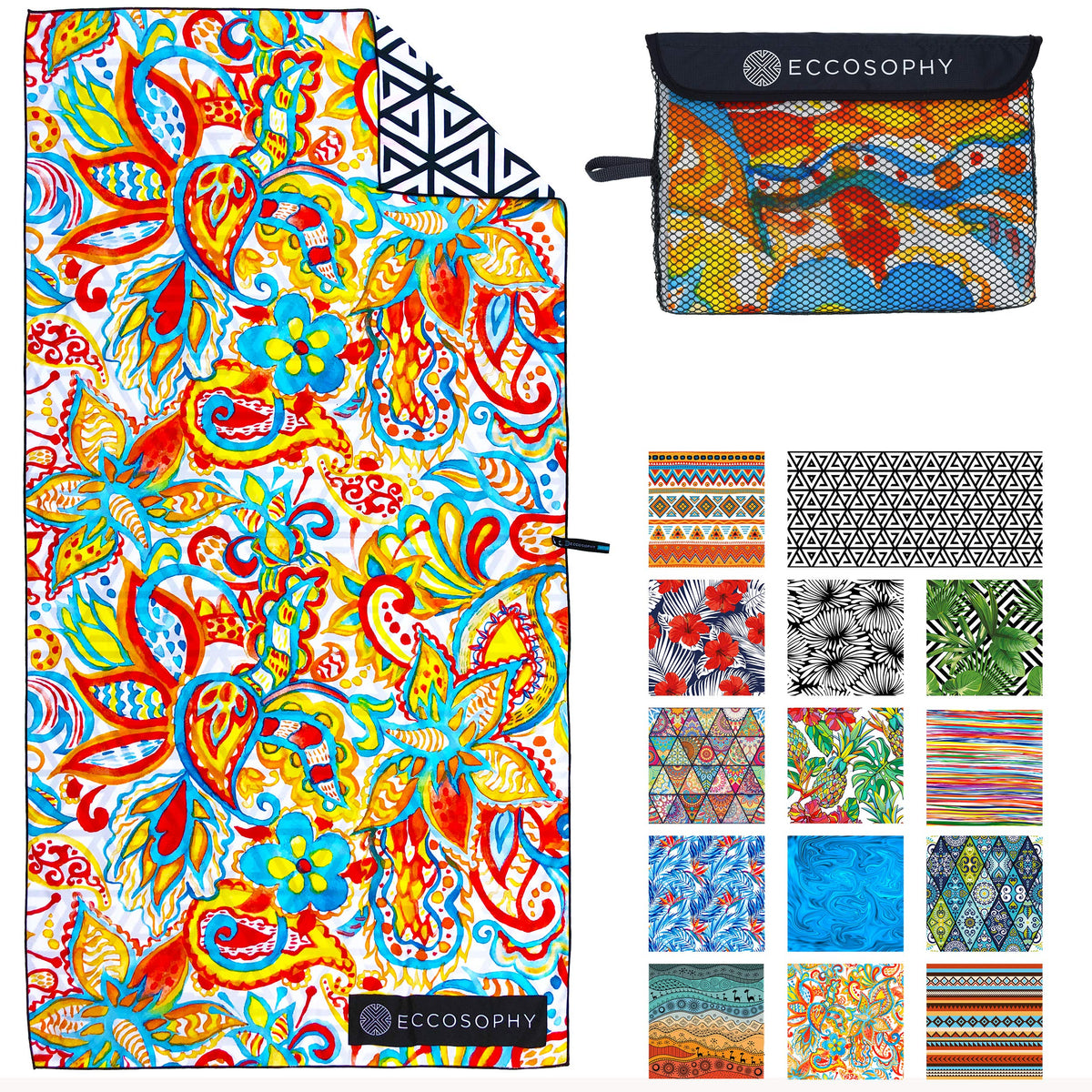 ECCOSOPHY microfiber sand-free beach towel showing sand sliding off for clean outings at the beach.
