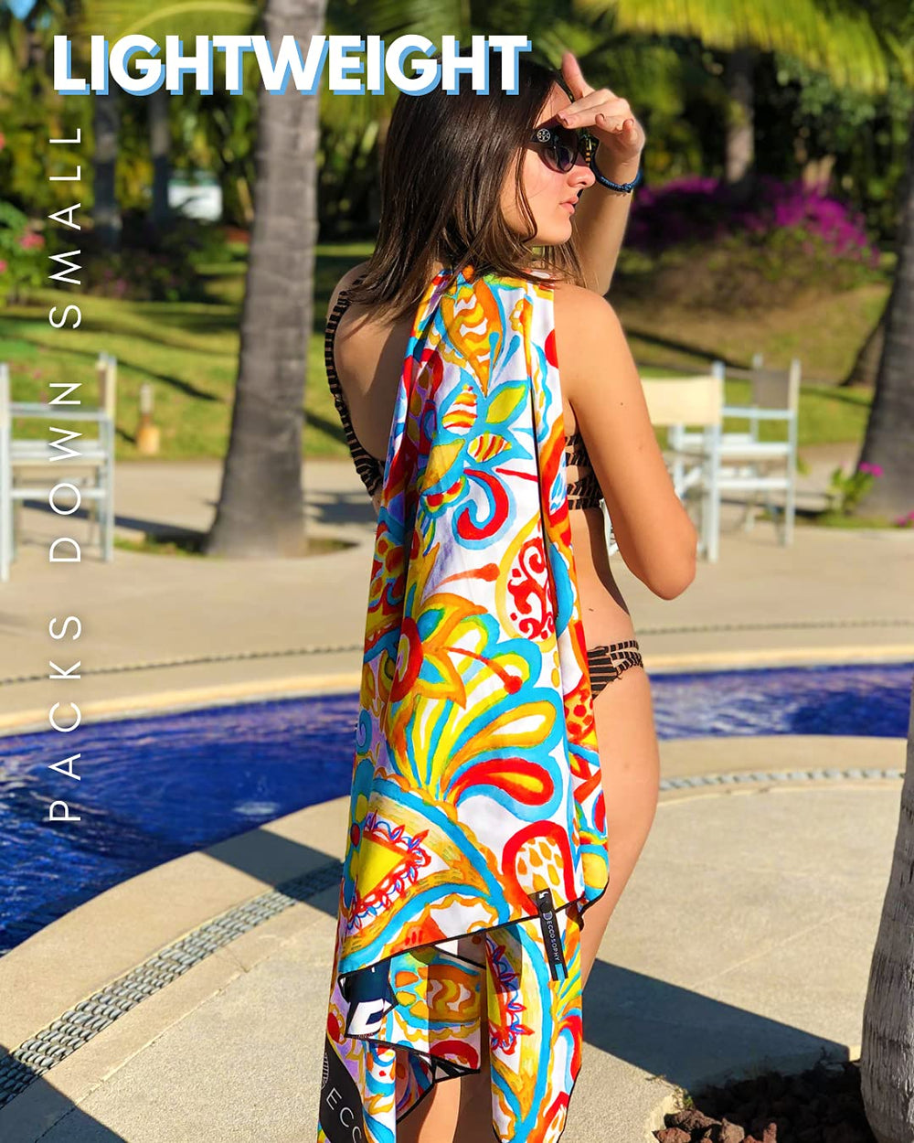 ECCOSOPHY packable towel with included pouch fits easily in bags for travel or gym.