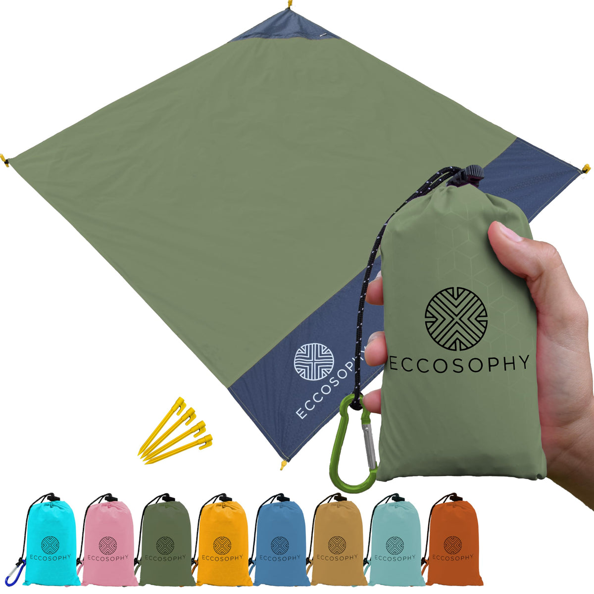 ECCOSOPHY olive sand-proof blanket folded in carry pouch for easy travel.