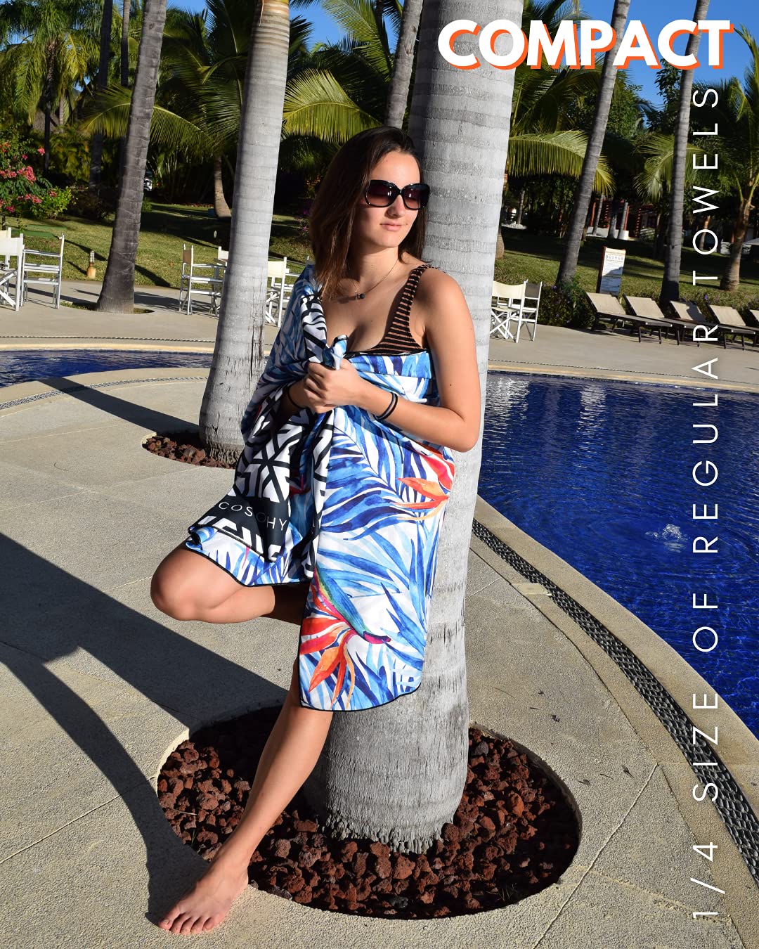 ECCOSOPHY Tahiti quick-dry towel demonstrating fast absorbency after a swim