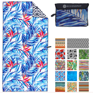 ECCOSOPHY Tahiti sand-free towel spread for a pristine beach day with sand-free convenience