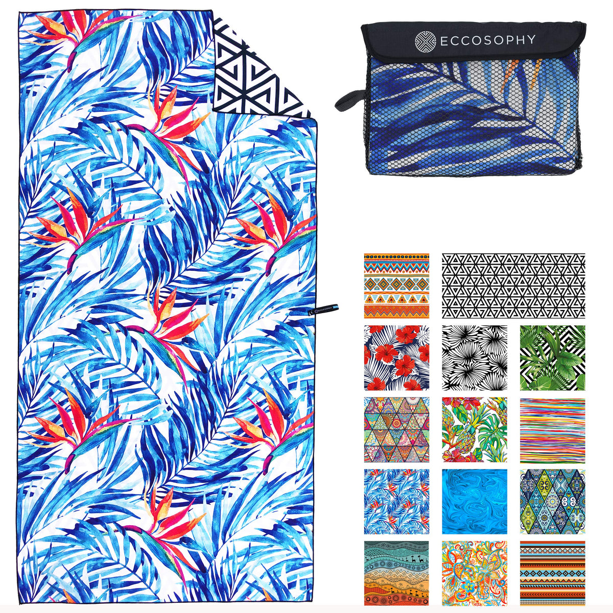 ECCOSOPHY Tahiti sand-free towel spread for a pristine beach day with sand-free convenience