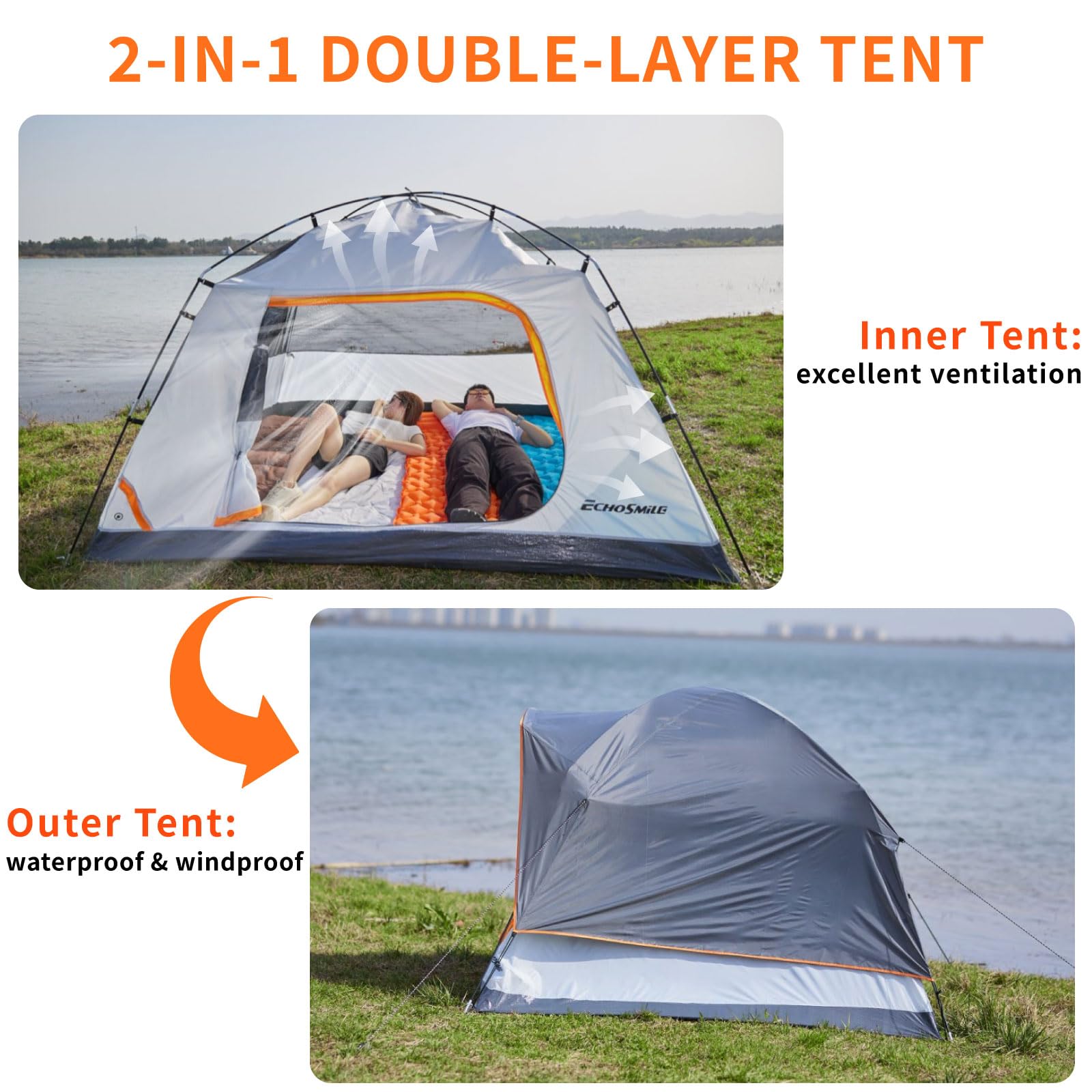 EchoSmile 2 Person Camping Tent dome structure provides roomy interior for two hikers.