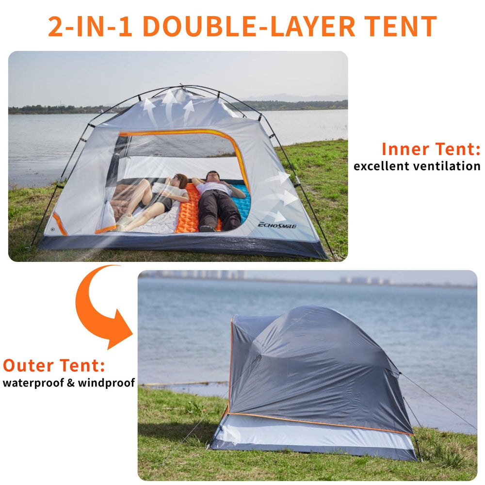 EchoSmile 2 Person Camping Tent dome structure provides roomy interior for two hikers.