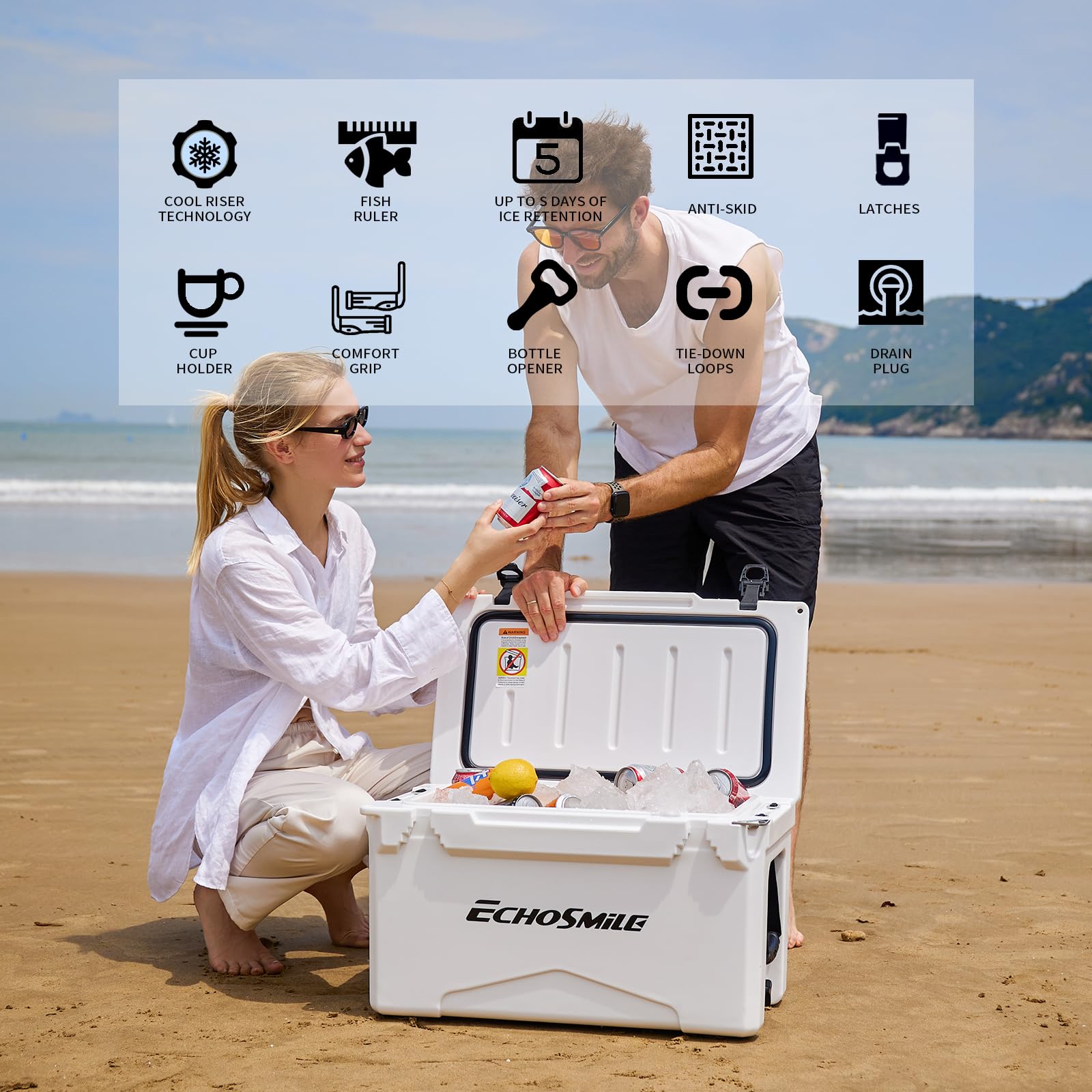 EchoSmile 75QT rotomolded cooler capacity demonstrates space for 85 cans.