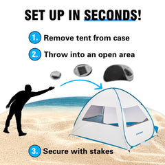 EchoSmile pop-up beach tent front porch view reveals extra shade space.
