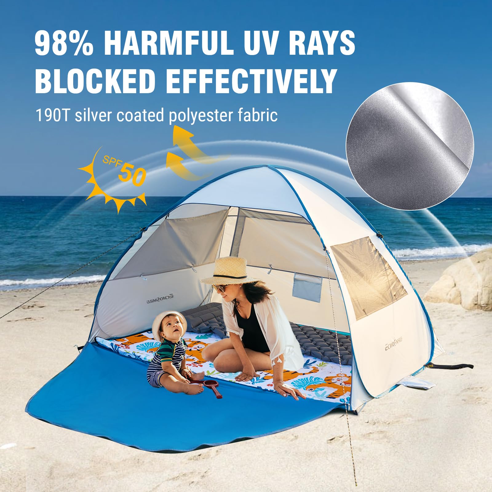 EchoSmile pop-up beach tent material closeup highlights UPF 50+ fabric.