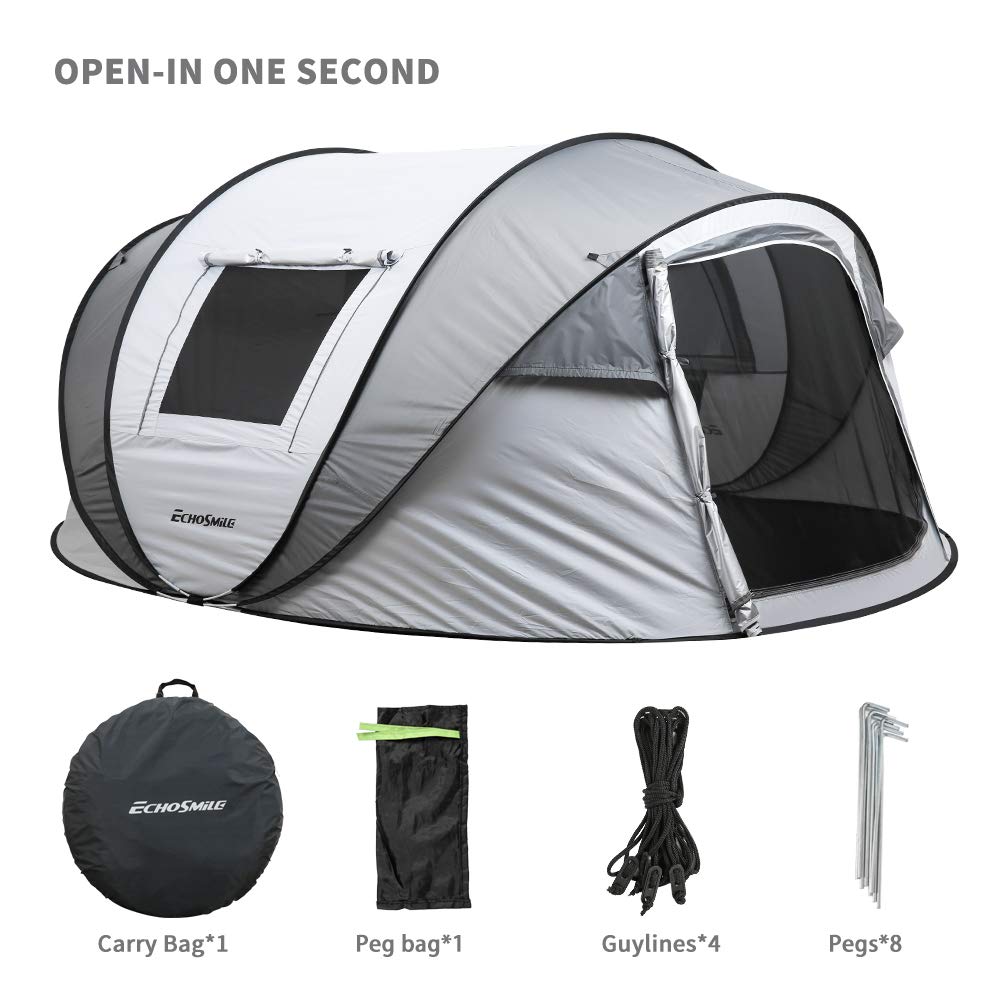 EchoSmile pop-up tent 6-person dimensions illustrate family-friendly space.