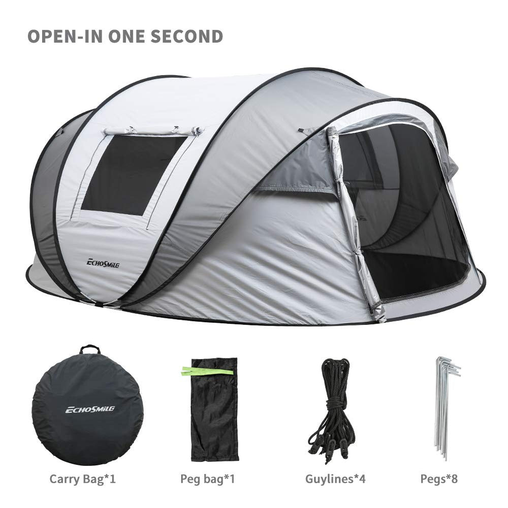 EchoSmile pop-up tent 6-person dimensions illustrate family-friendly space.