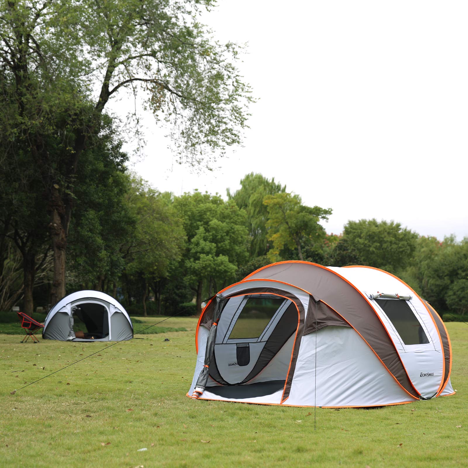 EchoSmile tent with upgraded fiberglass poles and steel protection for durability.