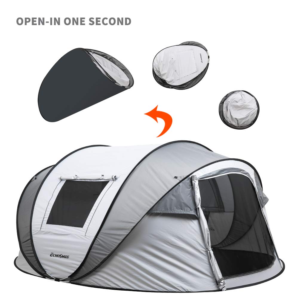 EchoSmile pop-up tent windproof design with guy ropes for stability.