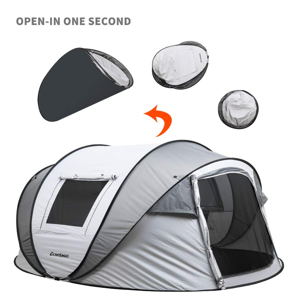 EchoSmile pop-up tent windproof design with guy ropes for stability.