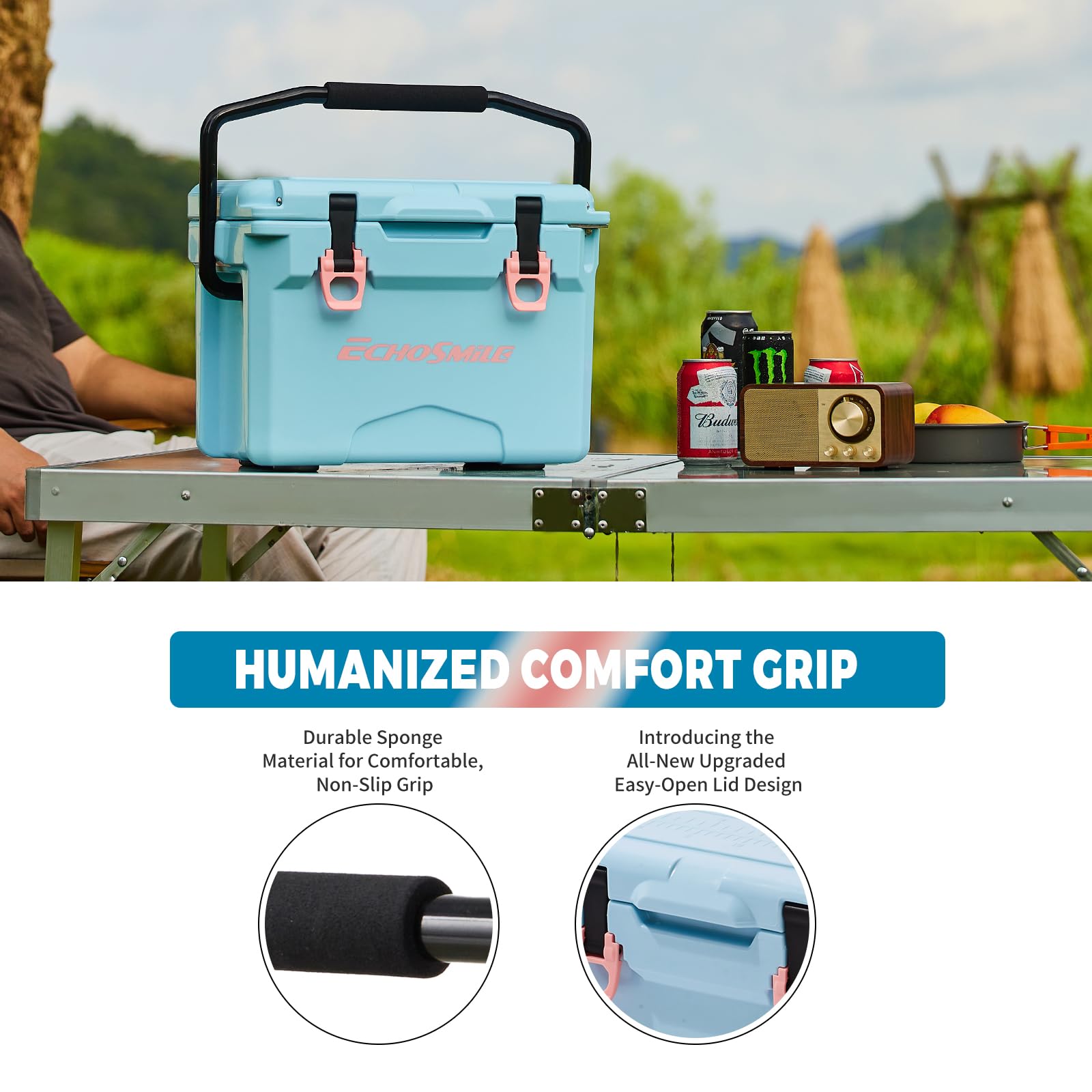 EchoSmile rotomolded cooler side grip highlights secure transport on camping trips