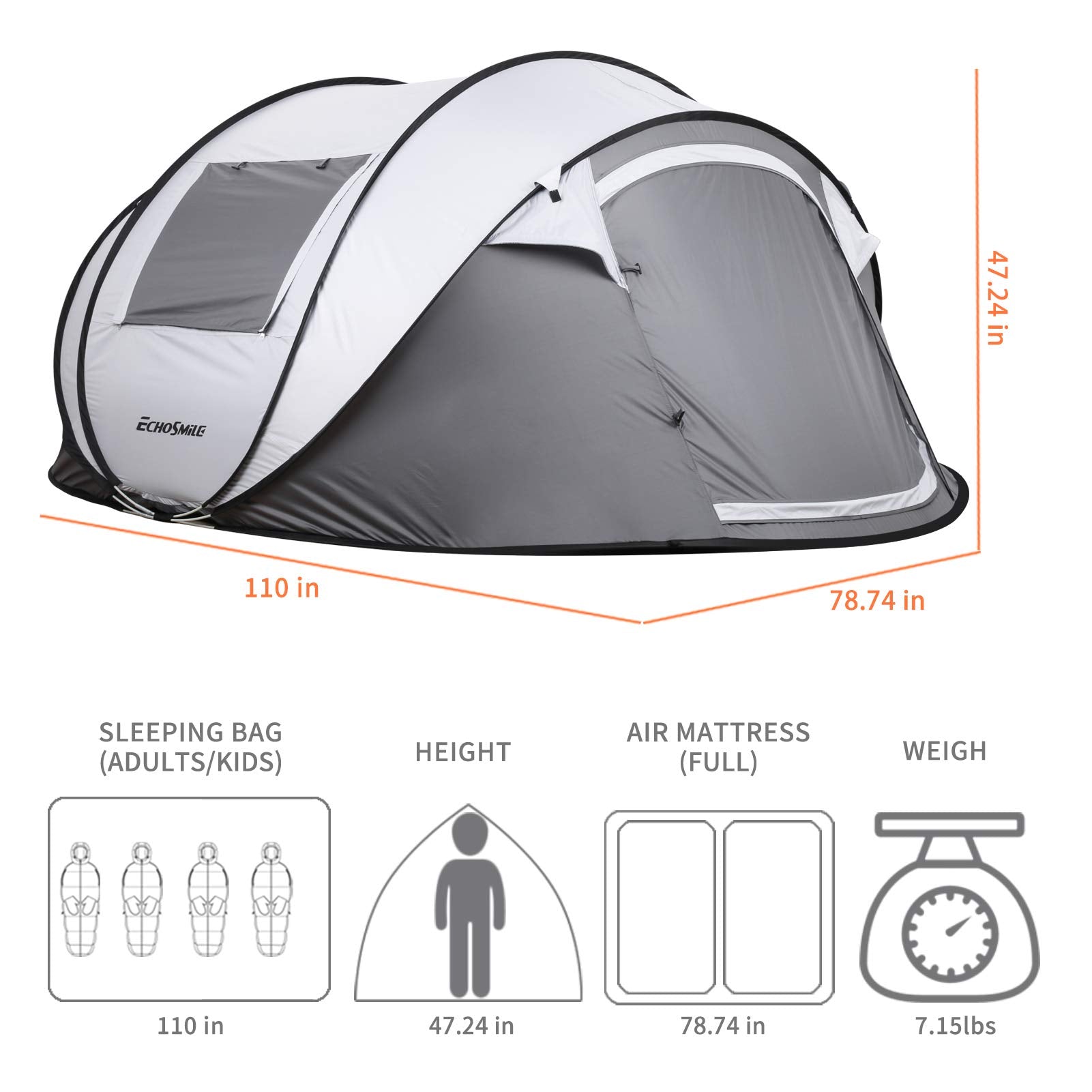 EchoSmile interior shows roomy 110x78 inch space for comfortable sleeping.