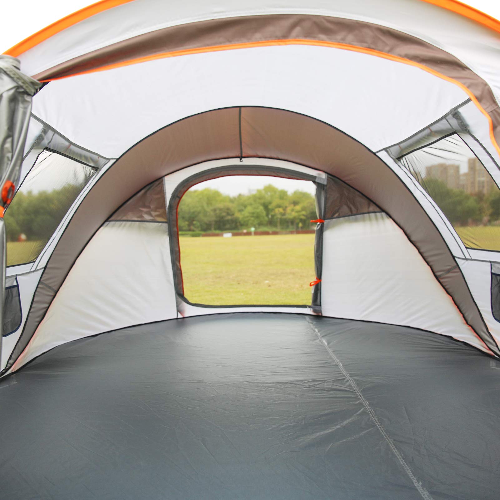 EchoSmile tent showing sturdy pegs and guy lines for wind resistance.