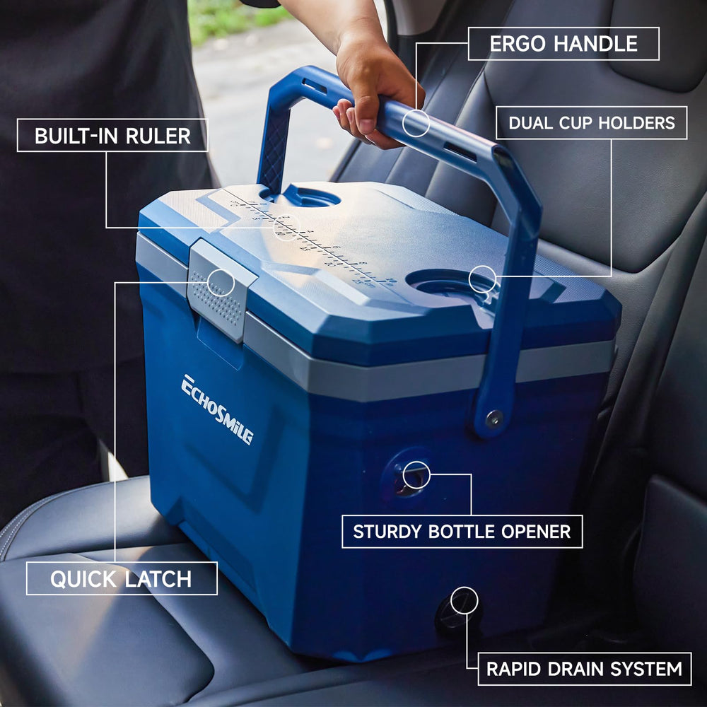 EchoSmile Ultra-Light Cooler 20L lid as seat demonstrates versatile outdoor seating.