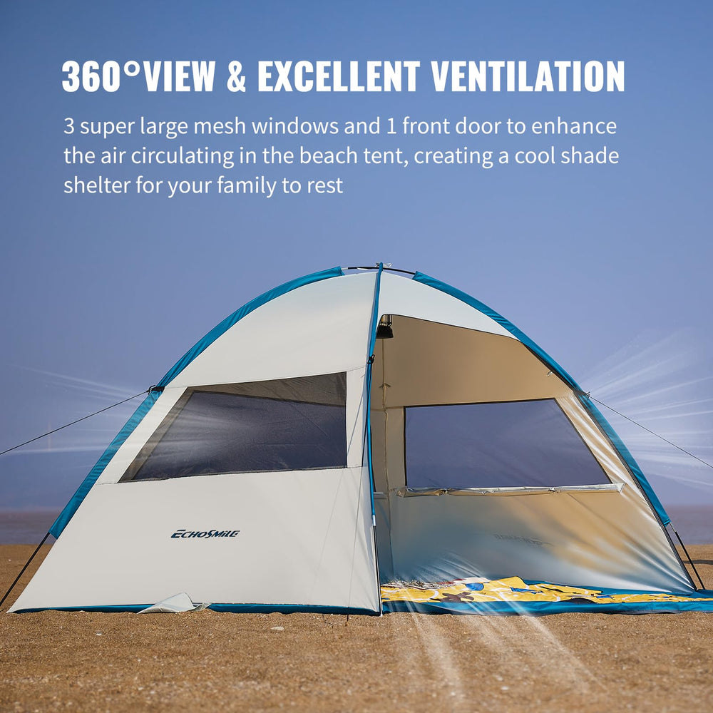 EchoSmile UPF 50+ beach tent 360° ventilation for cooler air and comfort.