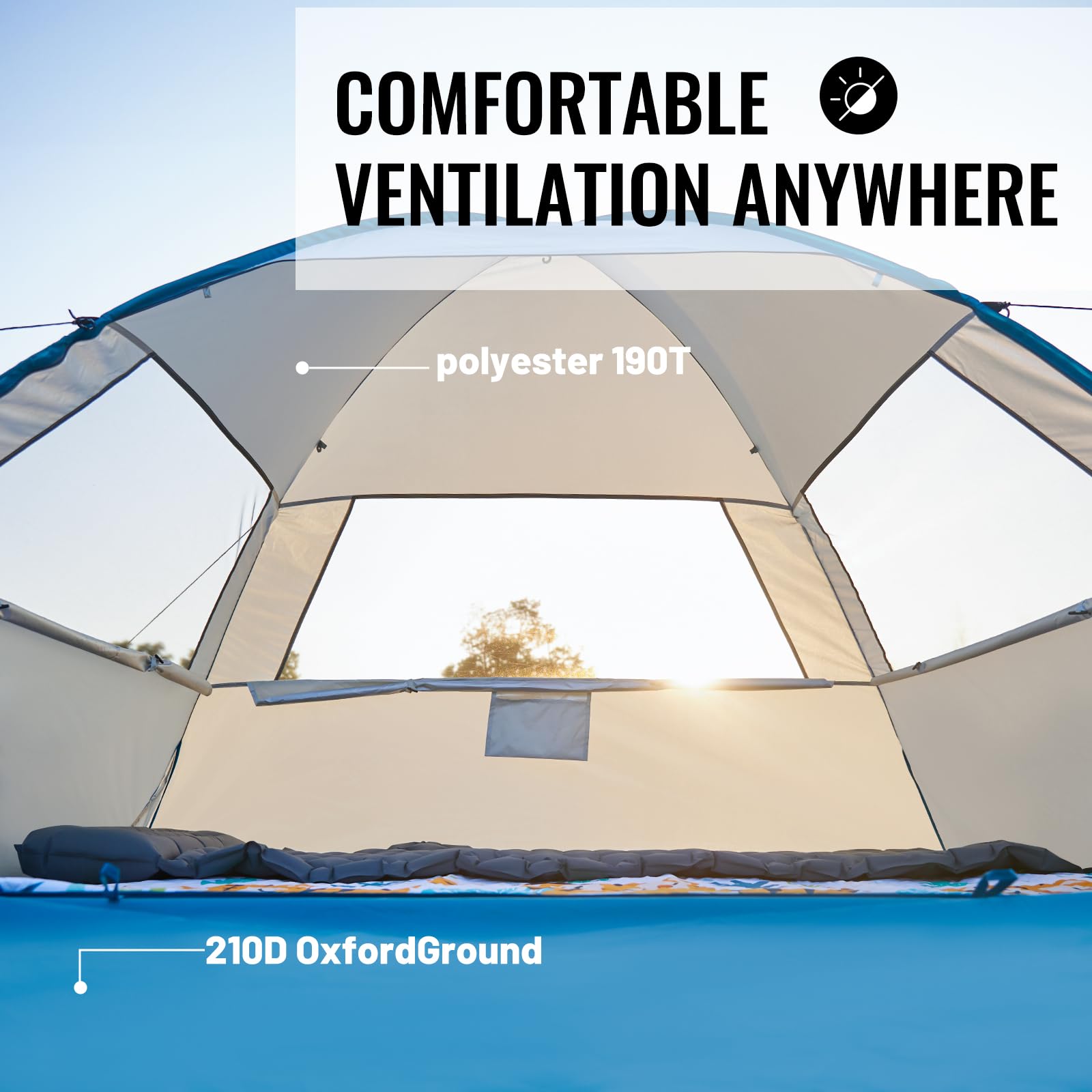 EchoSmile UPF 50+ beach tent assembled with thick fiberglass poles for stability.