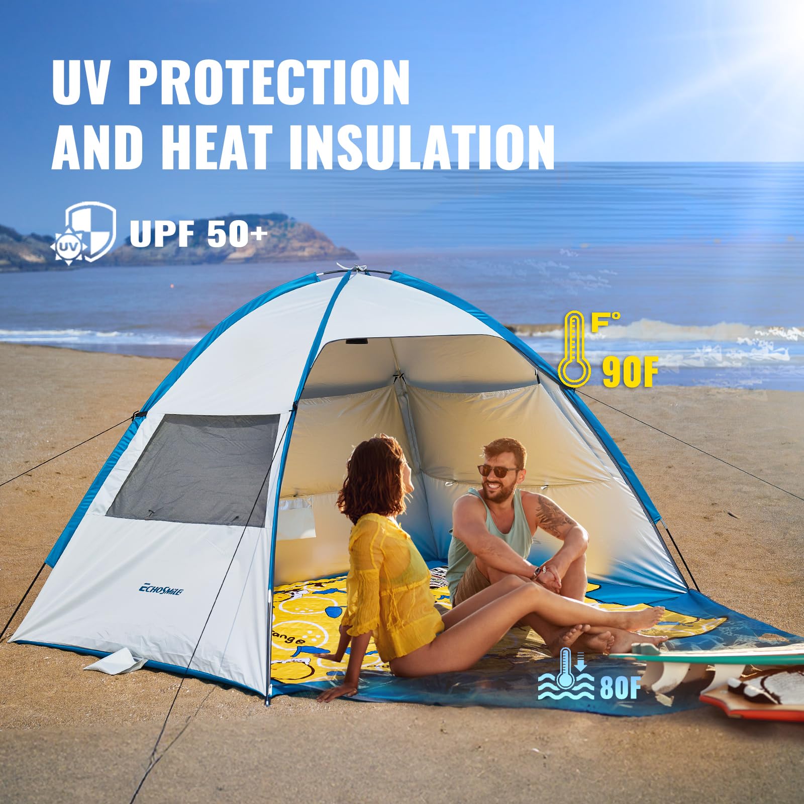 EchoSmile UPF 50+ beach tent open porch for extra shade and easy entry.