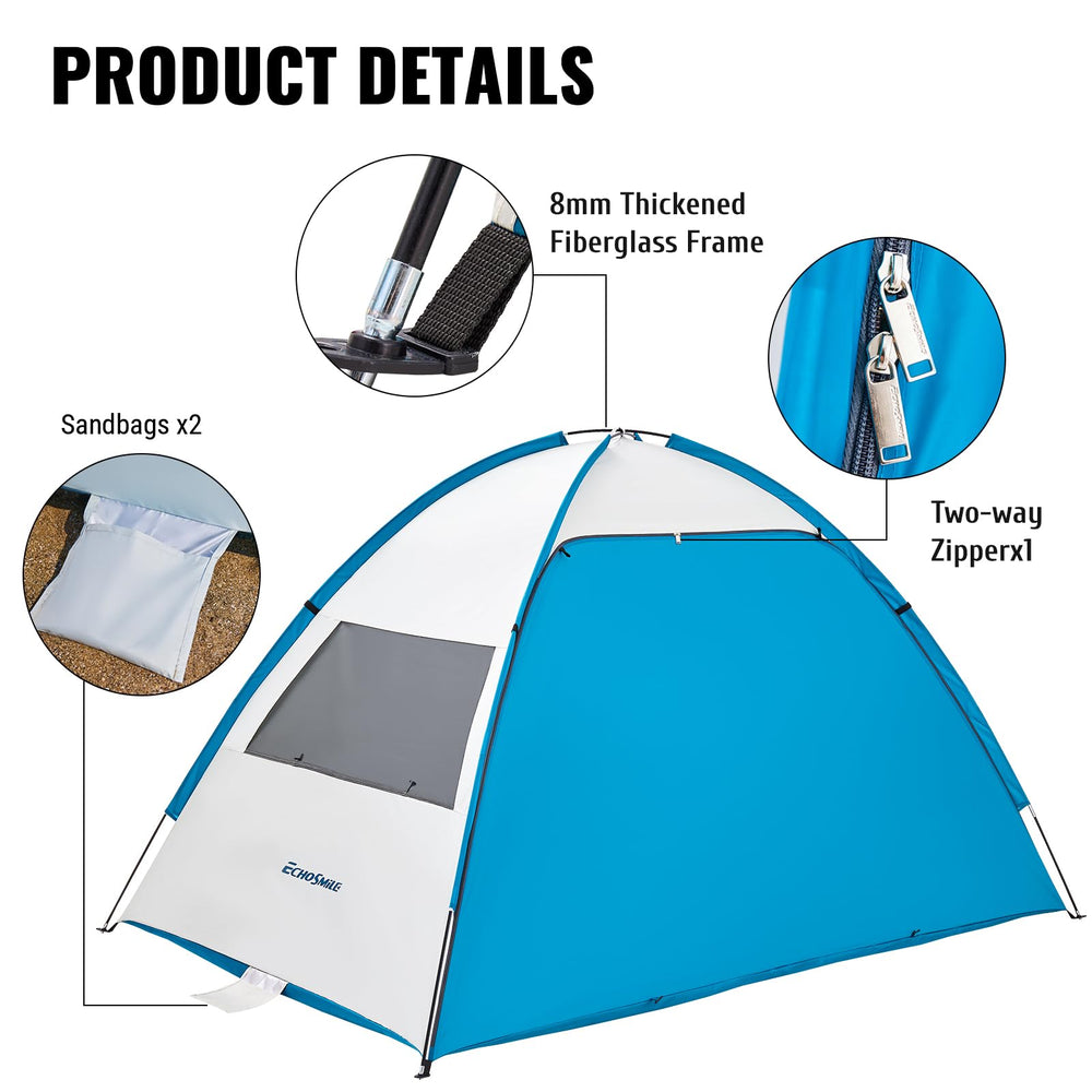 EchoSmile UPF 50+ beach tent packable case fits compact carry bag.