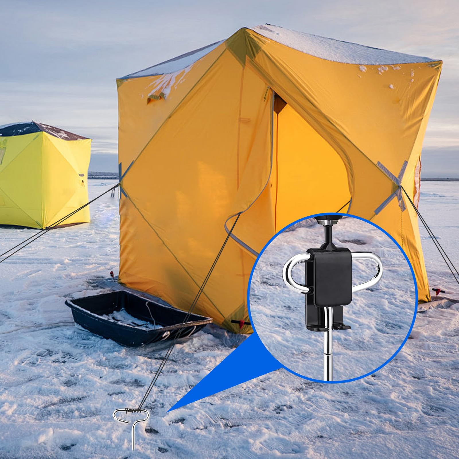 Ground spike and screw in ice anchor in use