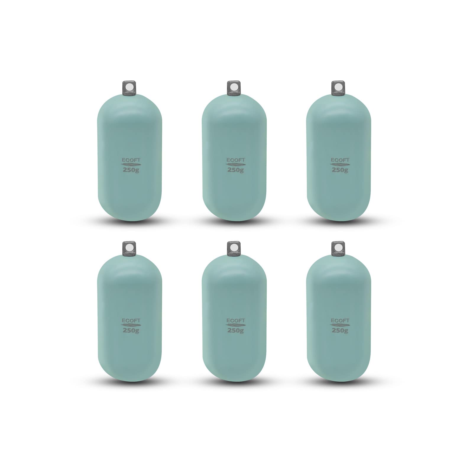ECOFT alloy steel cylindrical weight 250g six-pack packaged for freshwater or saltwater fishing.
