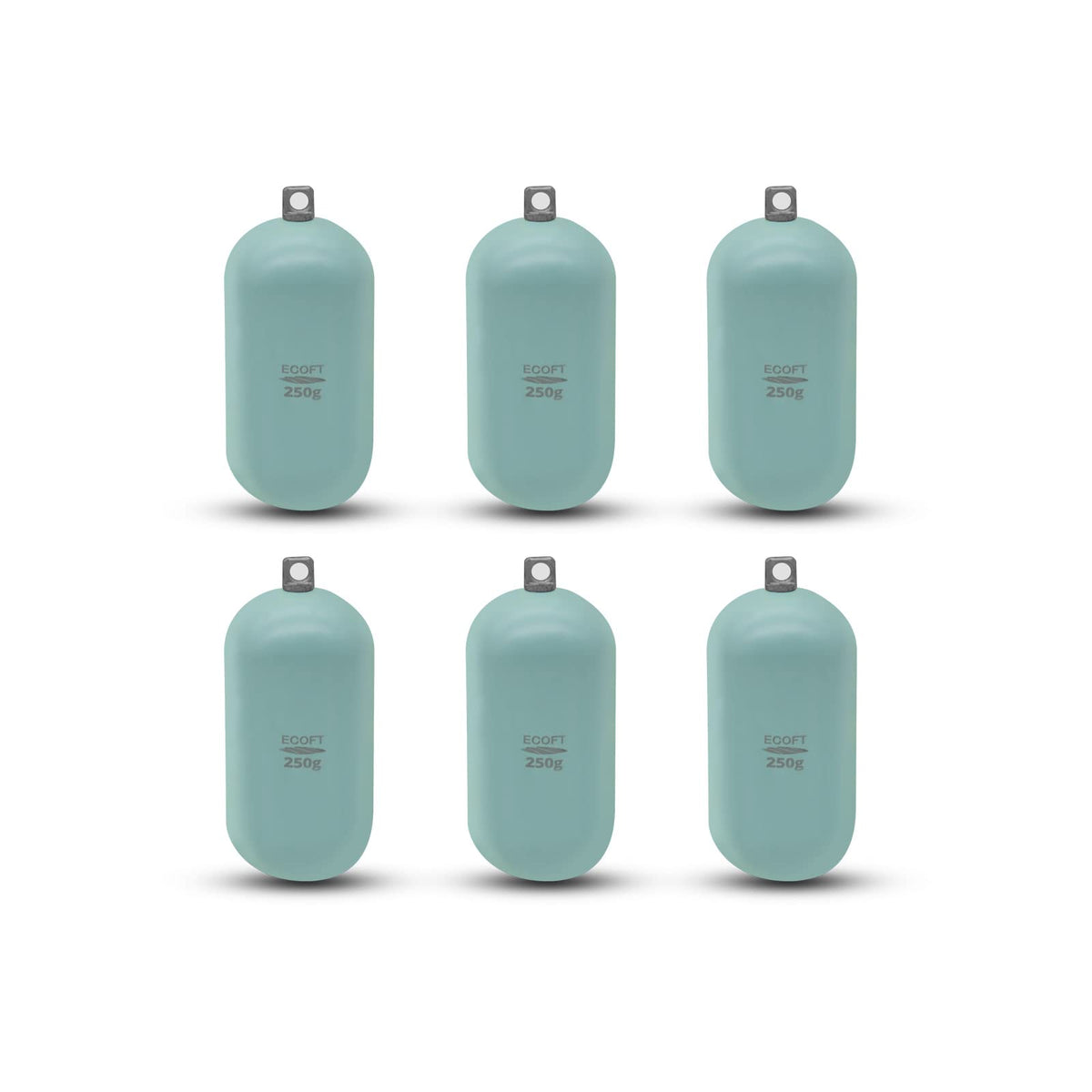ECOFT alloy steel cylindrical weight 250g six-pack packaged for freshwater or saltwater fishing.