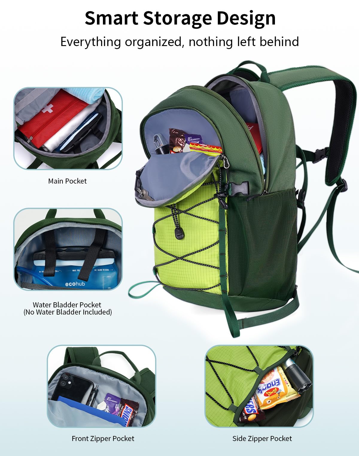 ECOHUB small hiking backpack ergonomic back panel keeps you cool.