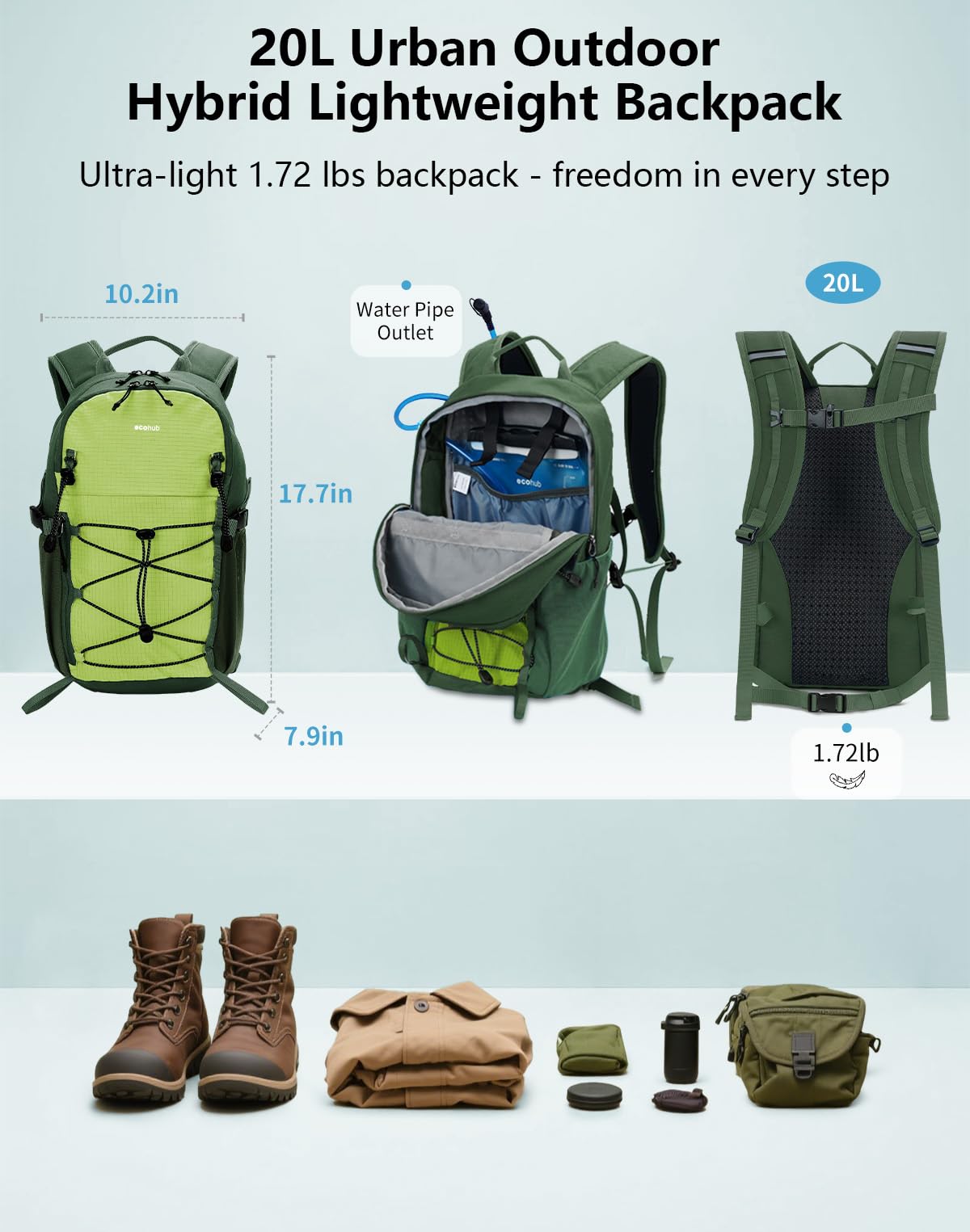 ECOHUB 20L backpack lightweight design reduces fatigue on day trips.