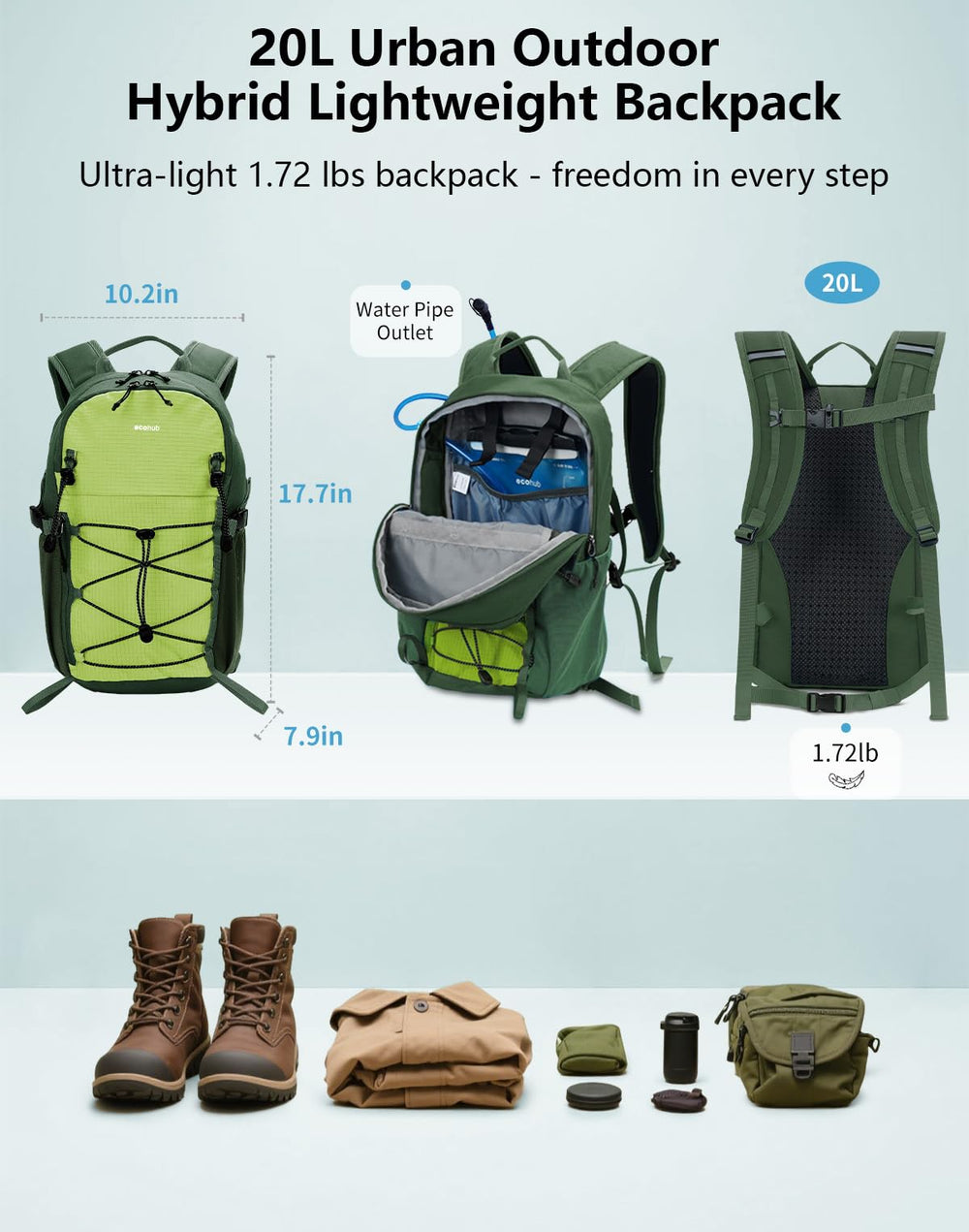 ECOHUB 20L backpack lightweight design reduces fatigue on day trips.