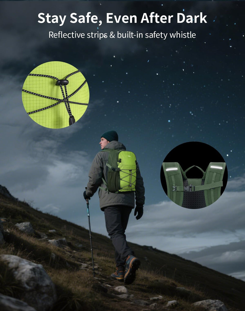 ECOHUB sternum strap with safety whistle enhances night safety and stability.