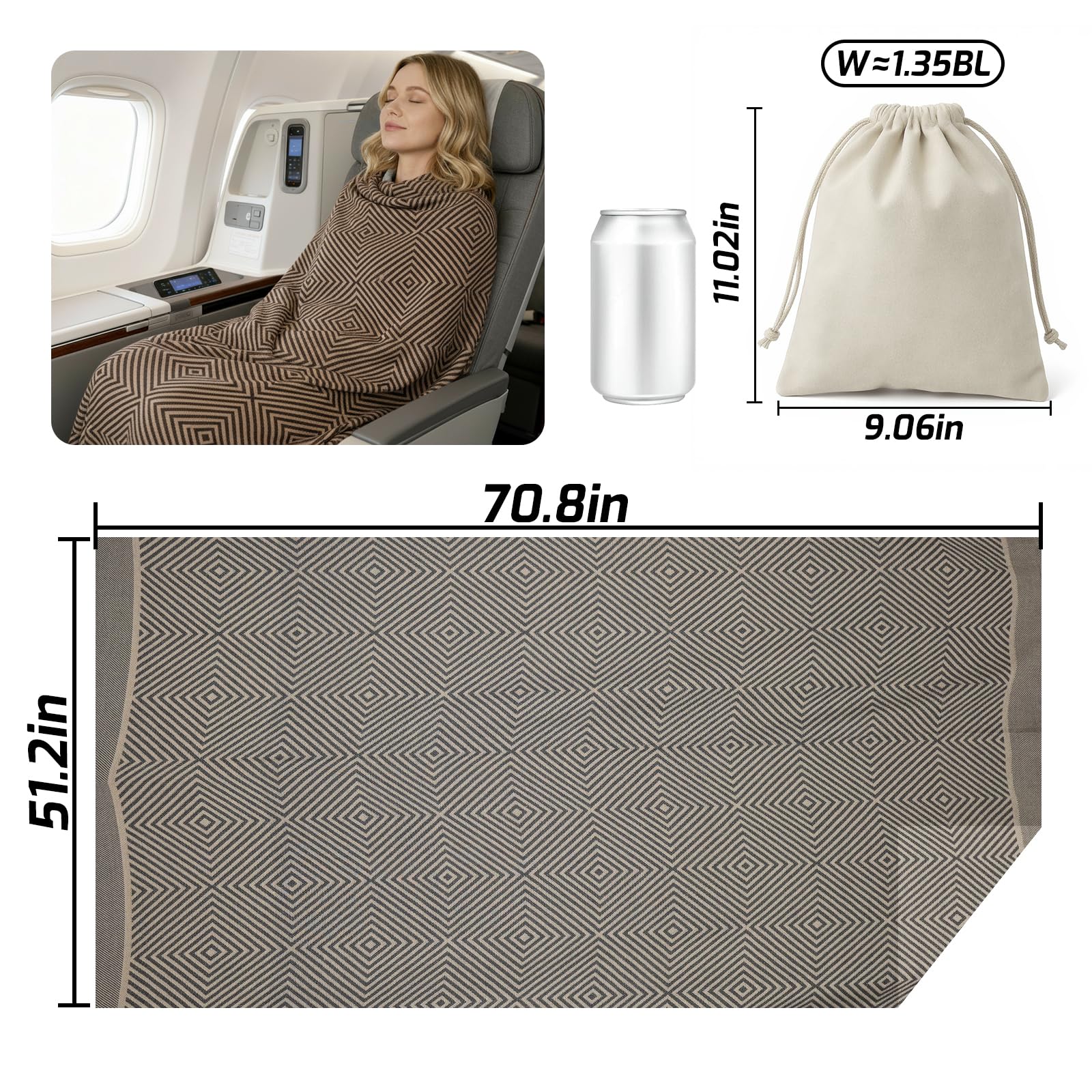 ECONVCE 53x72 travel blanket laid out for full-body comfort on flights.