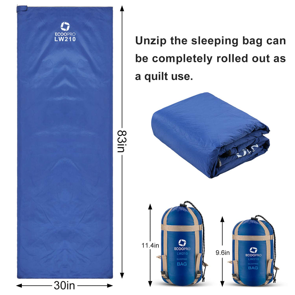 ECOOPRO sleeping bag is lightweight and packable for easy backpacking transport.