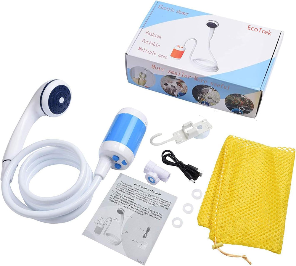 EcoTrek portable shower compact packaging emphasizes ready to go camping gear