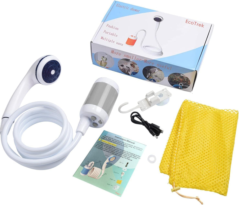 EcoTrek portable shower suitable for indoor, outdoor, pet, car, or campsite cleaning.