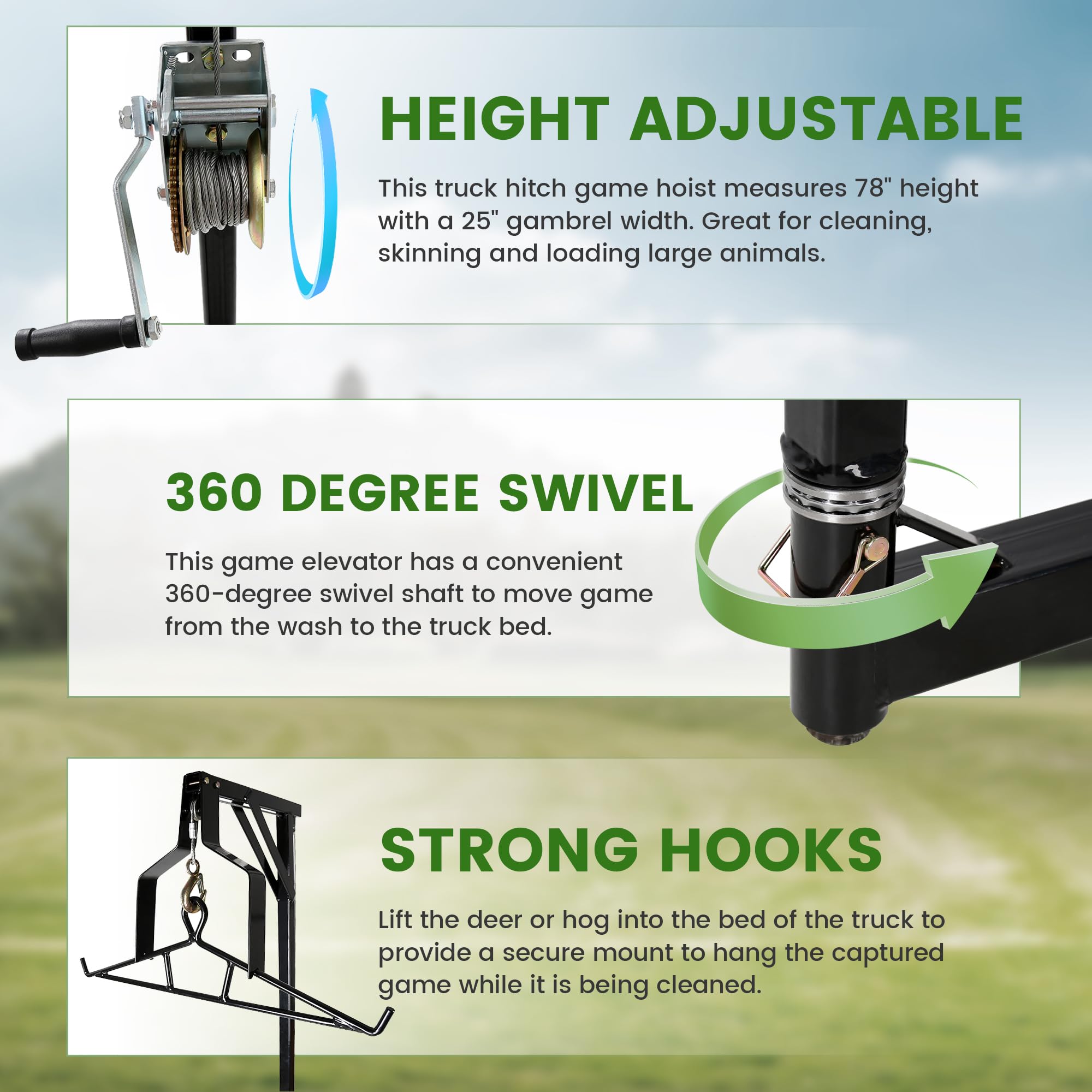 Hoist stands 78 inches tall with adjustable height
