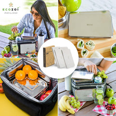 Ecozoi slim ice pack beside containers keeps space tidy and temps cool