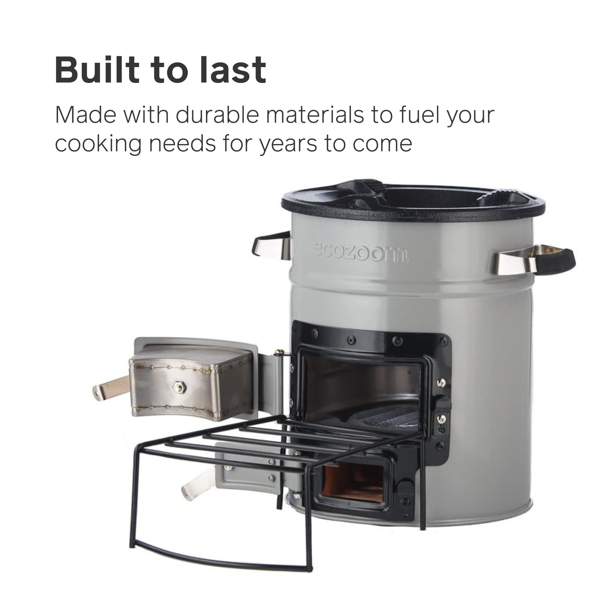 EcoZoom Rocket Stove stainless-handles keep grips cool for safe handling.