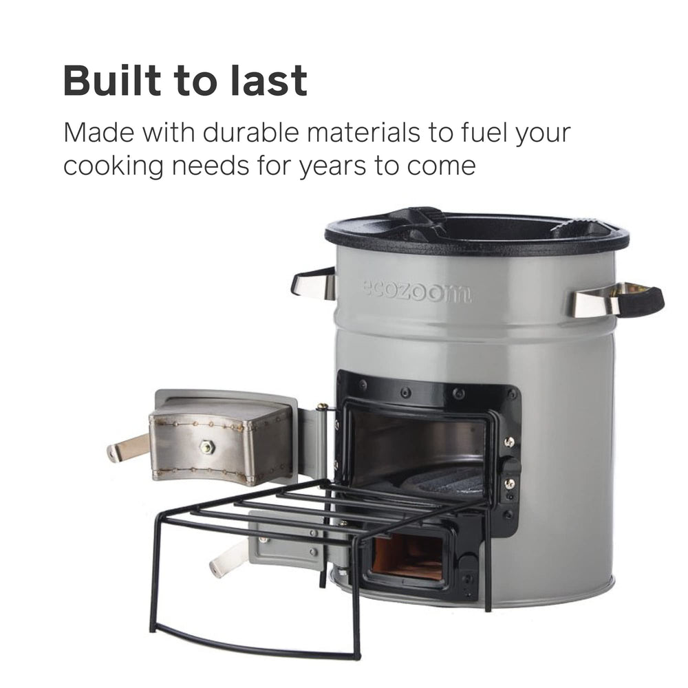 EcoZoom Rocket Stove stainless-handles keep grips cool for safe handling.
