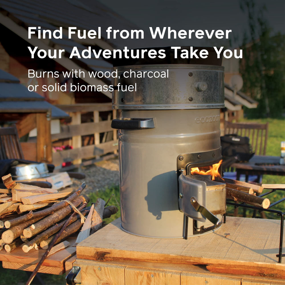 EcoZoom Rocket Stove wood-biomass-fire showcases biomass versatility for outdoor cooking.