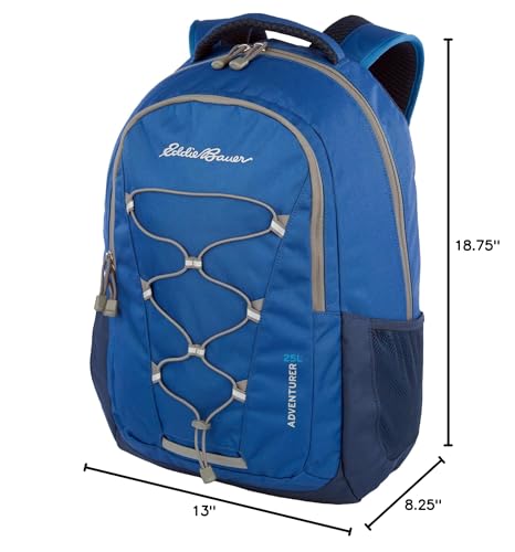 Eddie Bauer Adventurer 25L front panel with bungee allows gear lash for hikes.