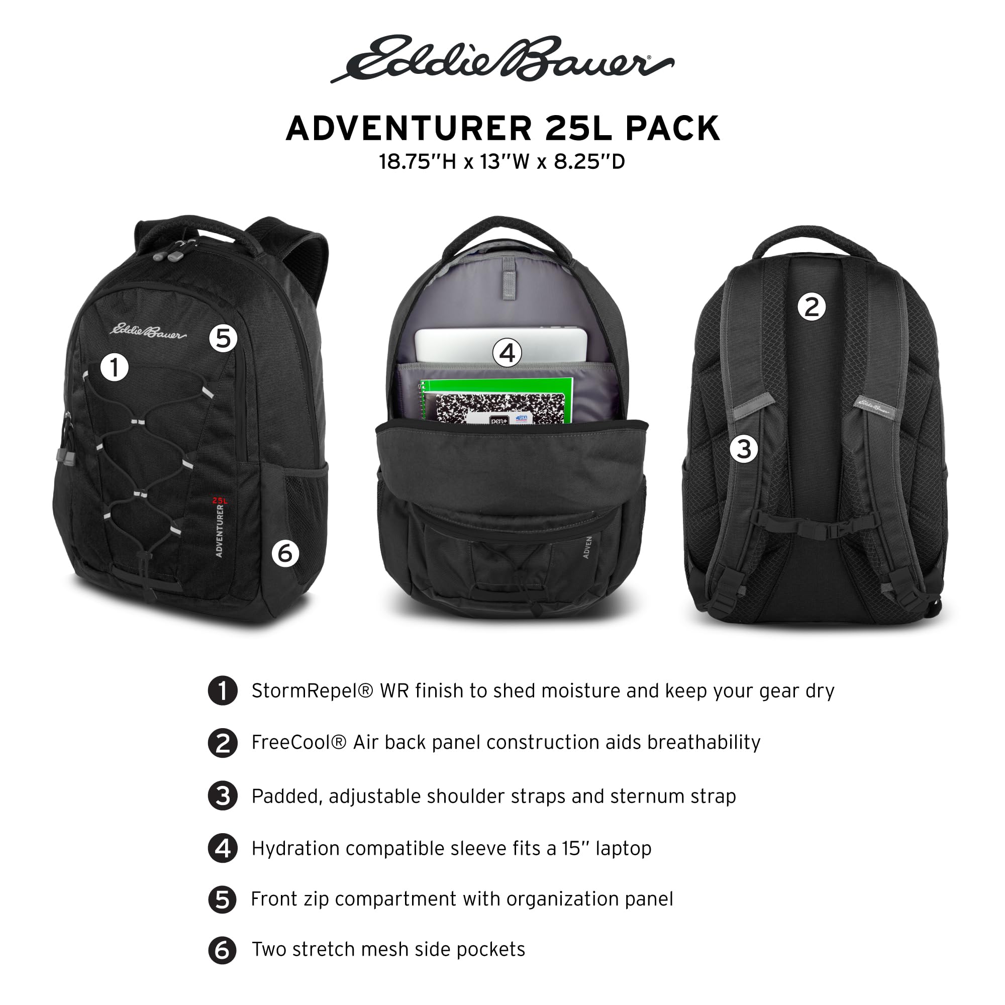 Eddie Bauer Adventurer 25L technology pockets protect tablet, phone, and laptop on the go.