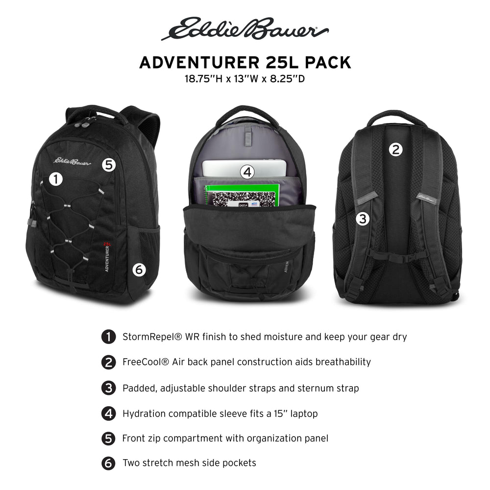 Eddie Bauer Adventurer 25L technology pockets protect tablet, phone, and laptop on the go.