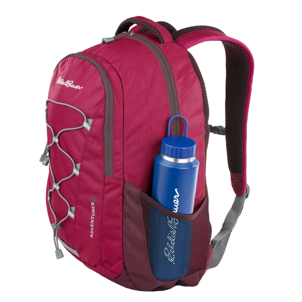 Eddie Bauer Adventurer backpack front-panel bungee closeup for extra gear lashing.