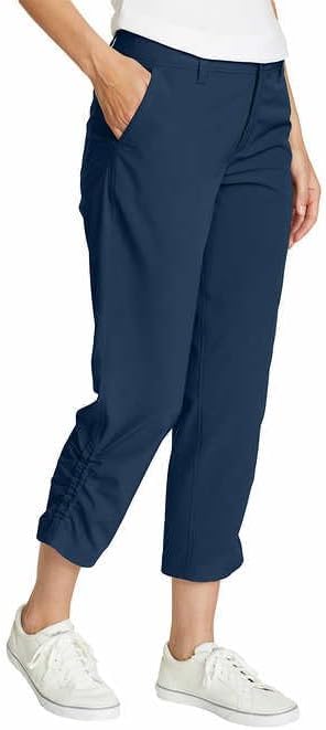 Eddie Bauer Capri pants belt loop and adjustable cuff demonstrate flexible fit for varied activities.