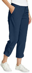 Eddie Bauer Capri pants belt loop and adjustable cuff demonstrate flexible fit for varied activities.