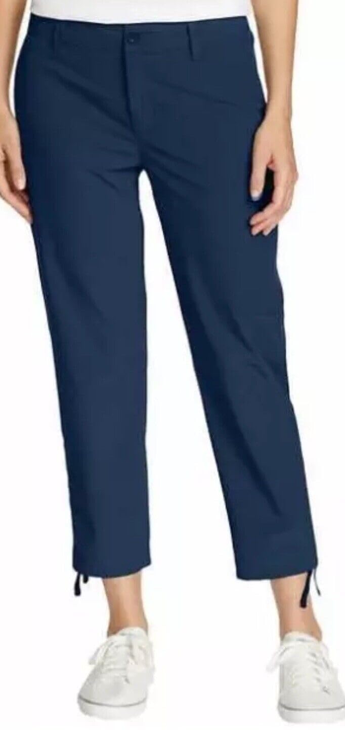 Eddie Bauer Capri pants front view shows side zip pocket for secure phone storage.