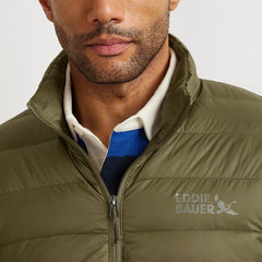 Eddie Bauer CirrusLite down jacket Alder fabric close-up highlights durable nylon and DWR finish.