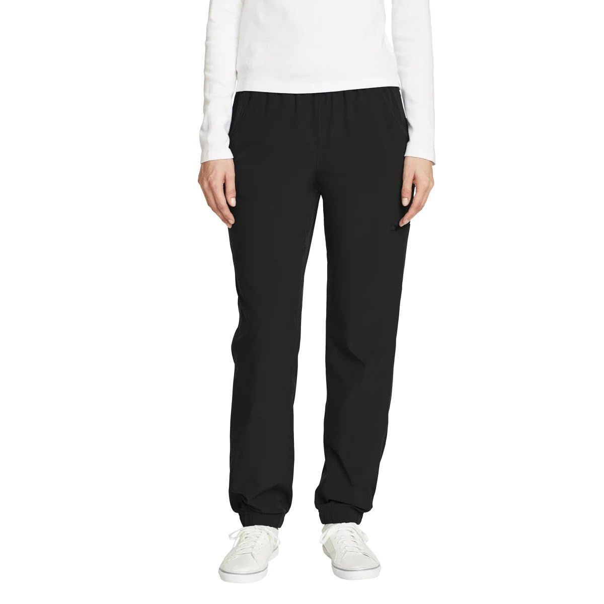 Eddie Bauer women's fleece-lined pants front view in black for everyday warmth.